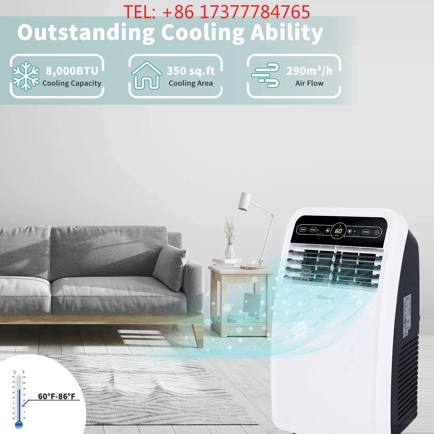Фото Портативный кондиционер Shinco мощностью 8 000 BTU, с функциями охлаждения, осушения и вентиляции, для помещений площадью до 350 кв. футов. №3