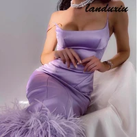 landuxiu stitching furry suspender long skirt early autumn 2022 new solid color satin party dress
