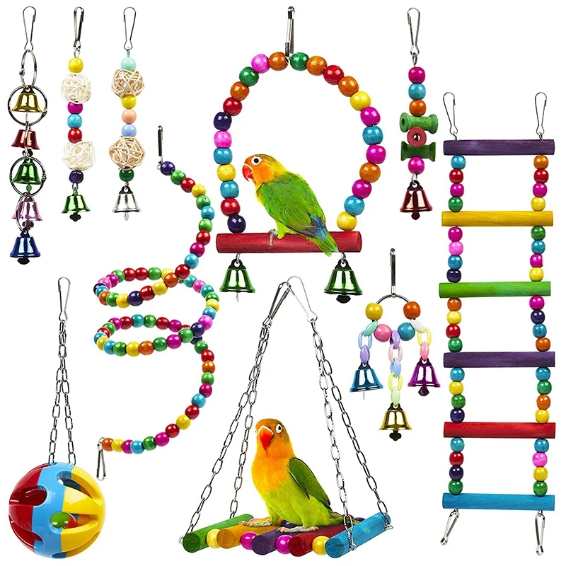 

10 Pack Bird Cage Toys for Parrots Reliable & Chewable - Swing Hanging Chewing Bite Bridge Wooden Beads Ball Bell Toys