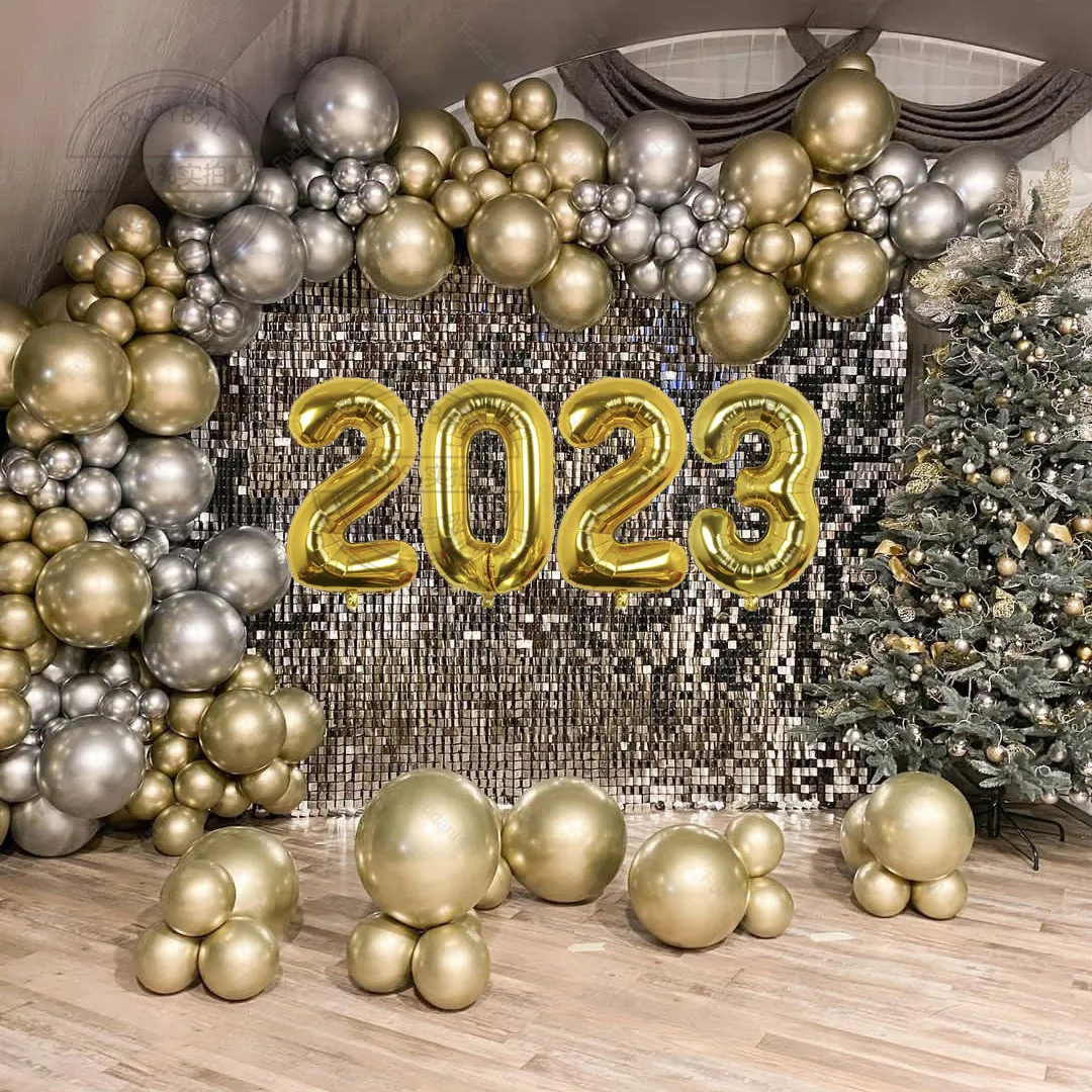 

146pcs 5/10/12inch Gold Silver Chrome Balloons Garland Arch Kit 2023 Happy New Year Foil Balls Merry Christmas Party Decorations