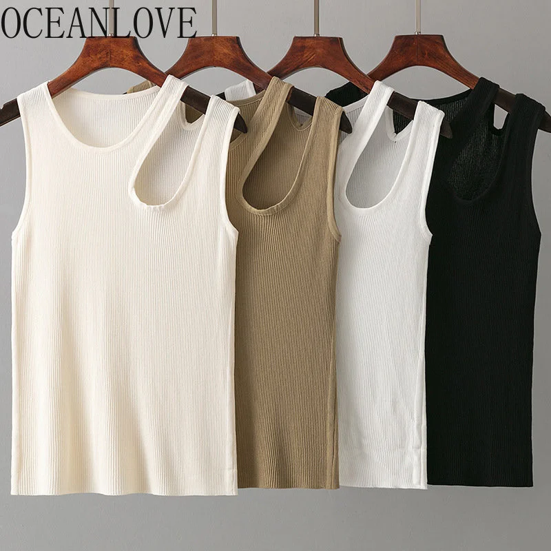 

Irregular Hollow Out Women T-shirts Solid Knitting Tank Top Spring Summer Basic Korean ashion Slim Camis Vintage