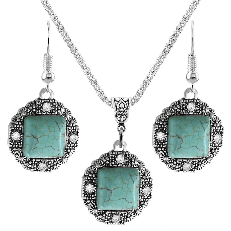 

Ladies Jewelry Set Decoration New Ancient Silver Retro Greek Pattern Turquoise Necklace + Earring Set Turquoise Two-piece Set