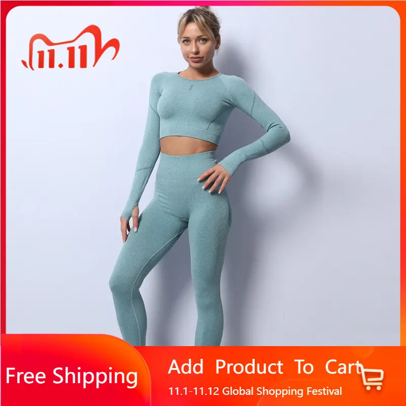 

High Elastic Seamless Yoga Suit Slim Fit Hip Lifting Sports Fitness Pants Navel Exposed Fitness Suit Long Sleeve Suit Gym Women