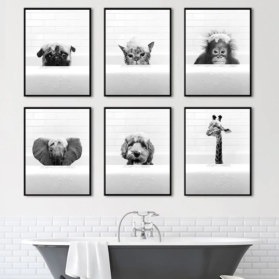 

Настенная Картина на холсте в виде пингвинов, жирафа, слона, орангутана, ванны, скандинавские постеры и принты, настенные картины для ванной ...
