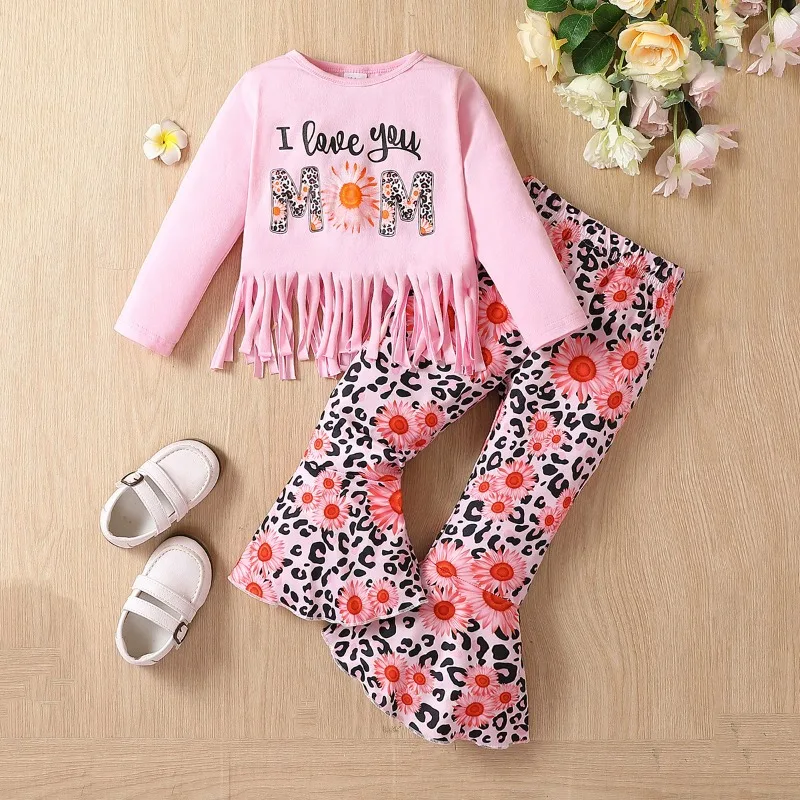 

Toddler Kids Baby Girls Summer Outfit Set Long Sleeve Letter Tassel Tops+Sunflower Print Flared Pants 2pcs Toddler Girl Clothes