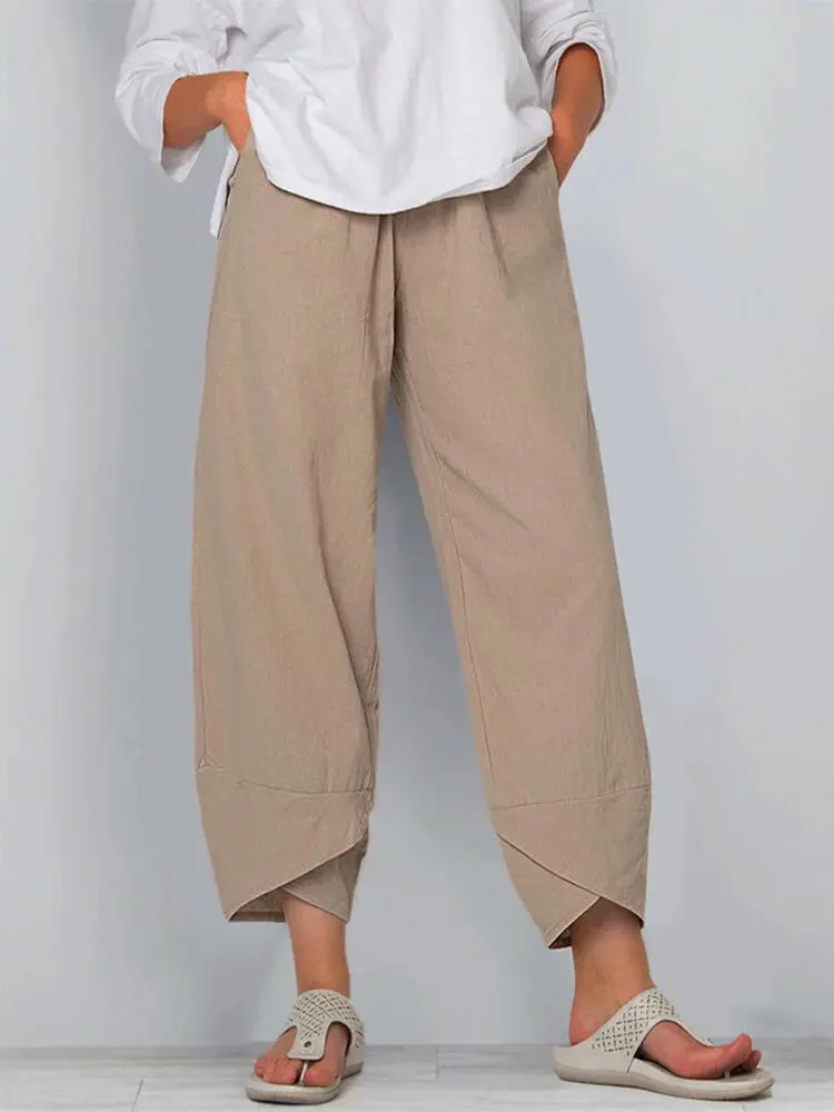 Spring 2023 New High Waist Pants for Women Wide Leg Pants Loose Casual Cotton Linen Elastic Waist Cropped Pants Women Pant Sets