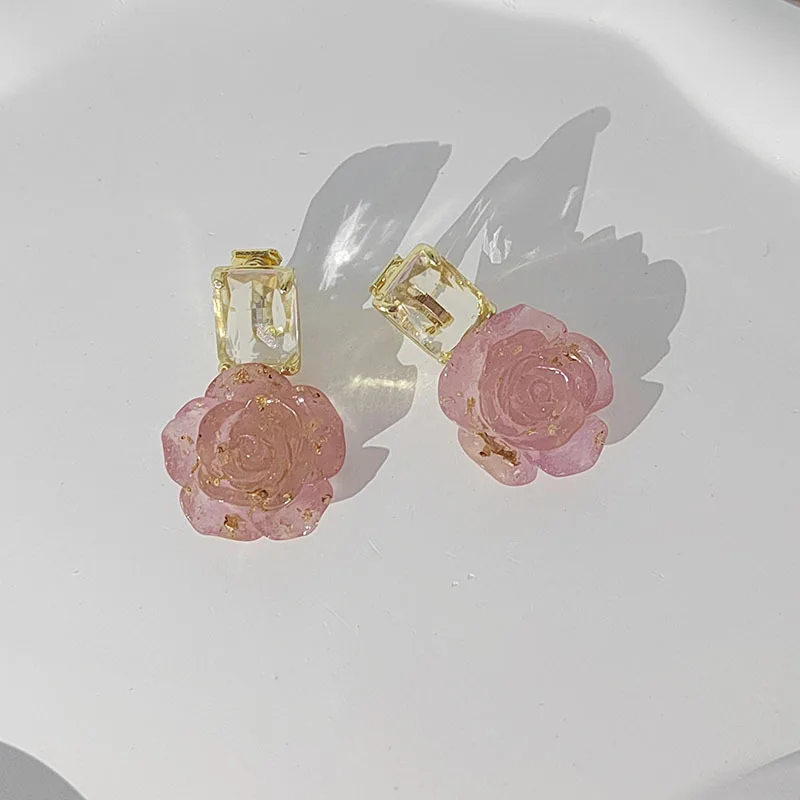 Retro French Zircon Camellia Flower Drop Earrings Crystal Rose Dangle Earrings for Women Korean Shiny Ear Jewelry Wedding Party images - 6
