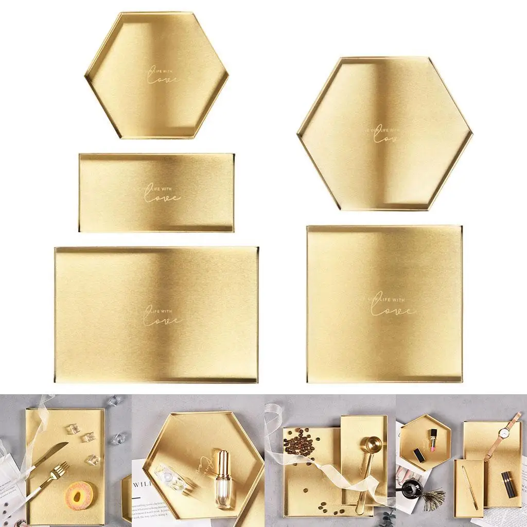 Gold Plated Decorative Serving Tray Presentation Plates for Snack Cake Jewelry Watch Cosmetic Washing Storage Organizer Dish