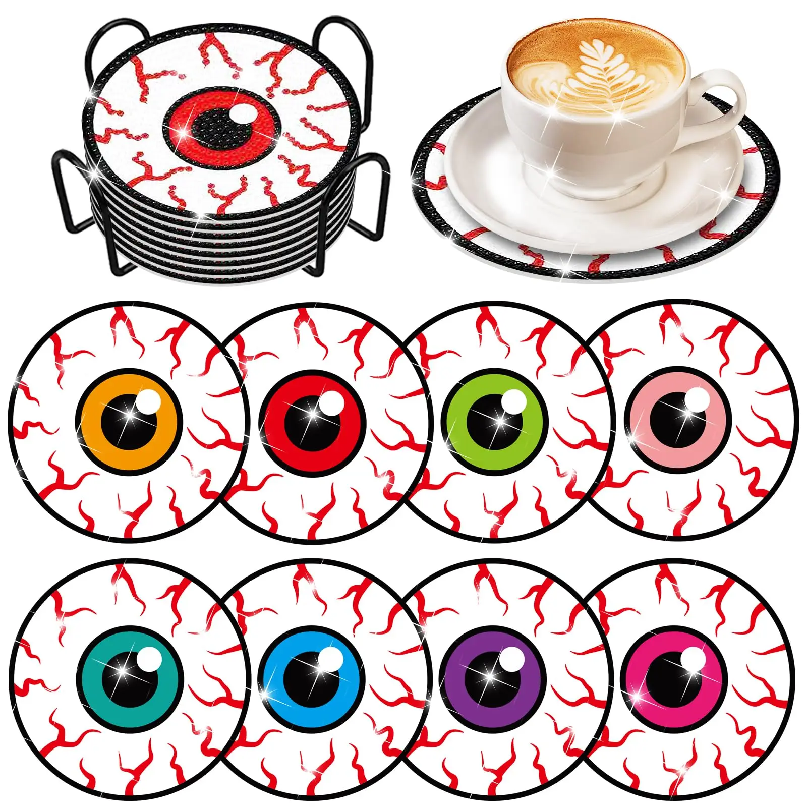 

8 PCS Halloween Diamond Art Coasters with Holder Diamond Painting Coasters, Halloween Pumpkin Spider Bat Ghost Diamond Painting