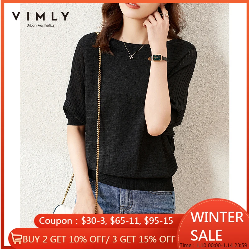 

VIMLY Summer Tshirt For Women Fashion Oneck Loose T Shirts Elegant Batwing Sleeve Black Tops 2021 Korean Women's Clothes F8038