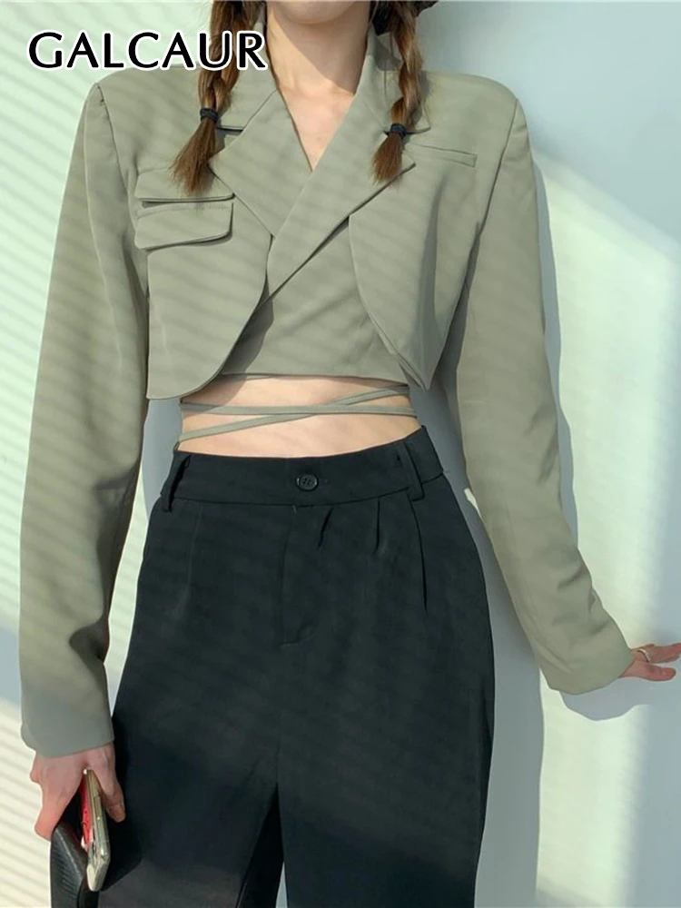 

GALCAUR Casual Lace Up Blazer For Women Lapel Long Sleeve Solid Minimalist Blazers Female Spring Clothing Style New 2022 Fashion