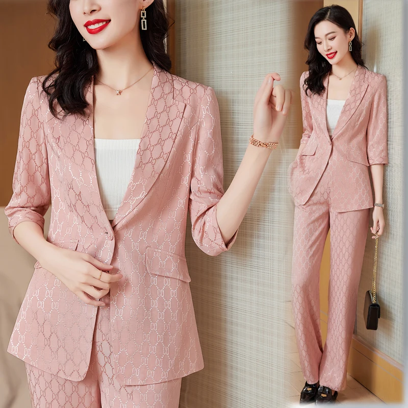 Korean Spring Formal Ladies Red Blazer Women Business Suits with Sets Work Wear Office Uniform Large Size Pants Jacket