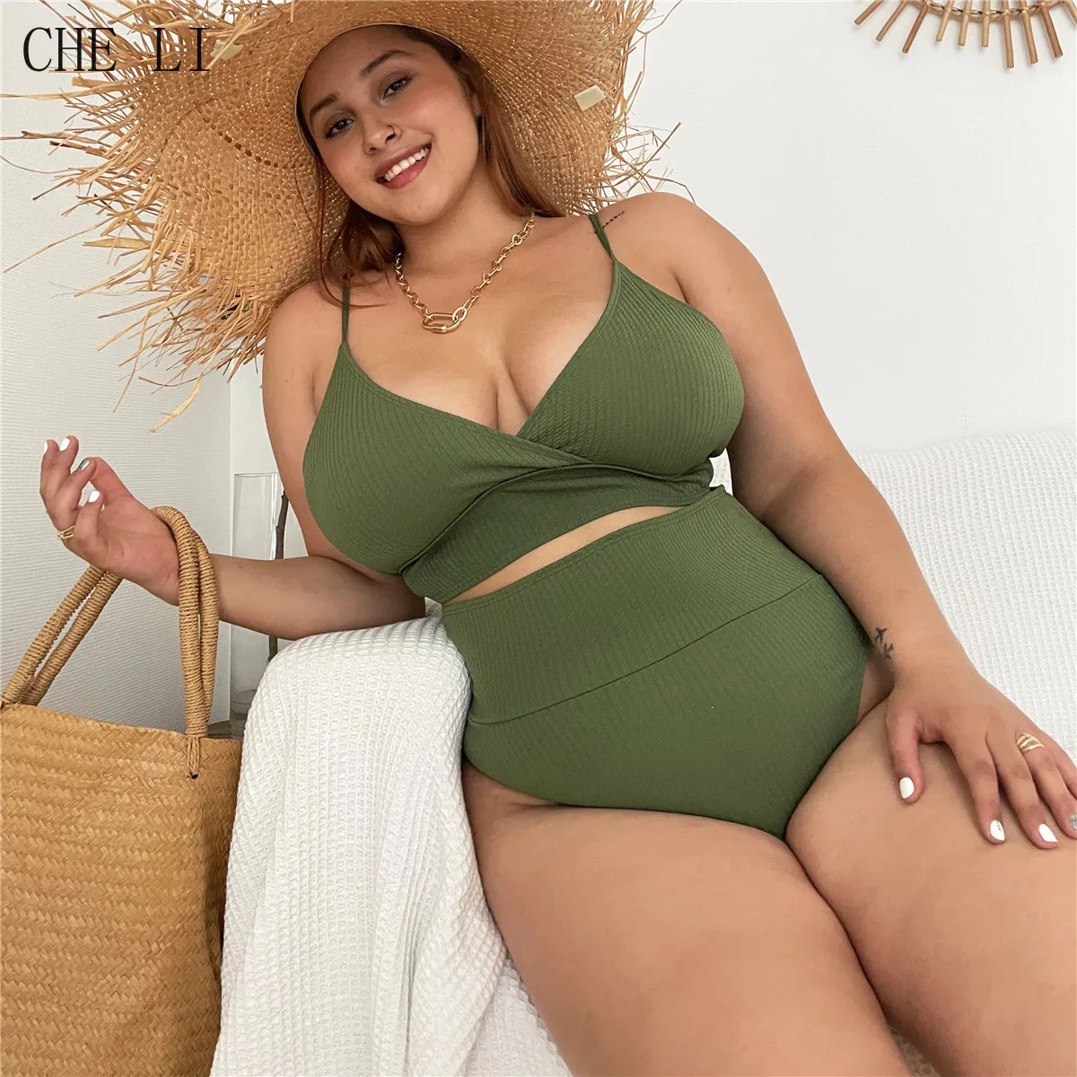 

2022 Beach Series Women's Swimwear High Waist Bikini Set Solid Color Plus Size Big Breast V Neck Swimsuit Lace Up Sexy Bikini