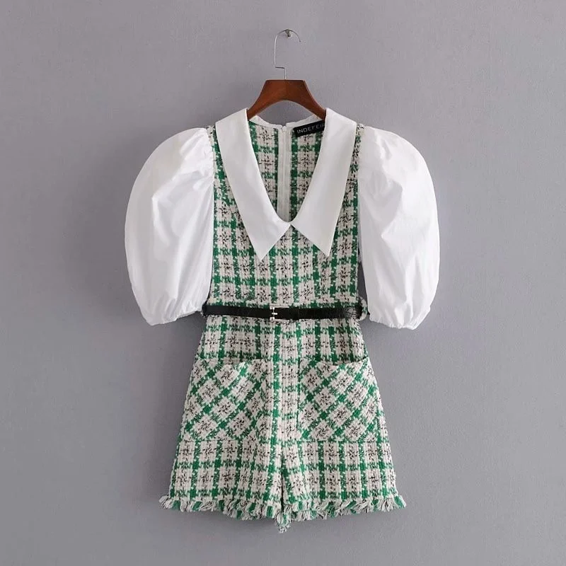 New Patchwork Plaid Jumpsuit with Belt Fringed Edges Big Pockets Fashion Lapel Huff Sleeve Jumpsuit Za Women's Casual Monochrome