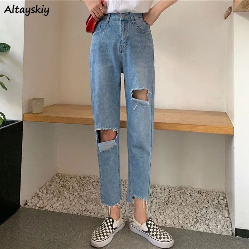 

Джинсы женские прямые Асимметричные с высокой талией, повседневные универсальные состаренные винтажные простые однотонные джинсы с дырками в Корейском стиле Харадзюку