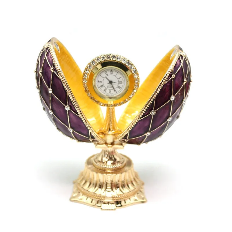 Faberge Egg Trinket Box & Clock Handmade Crystals Egg Shaped Hinged Trinket with Clock inside
