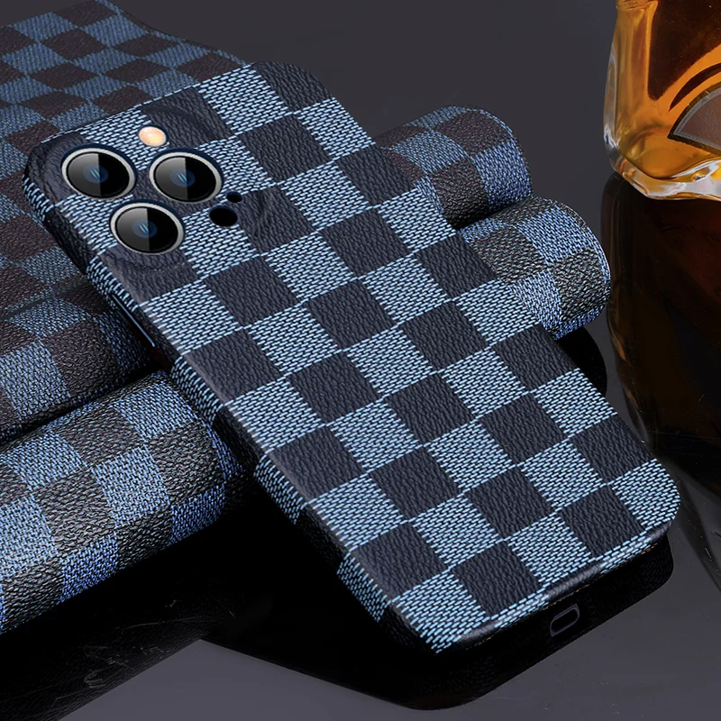 

For iPhone 13 12 Pro Max Case Luxury PU Leather Checkerboard Grid Back Cover with Flocking inside For iPhone 12 13 Pro