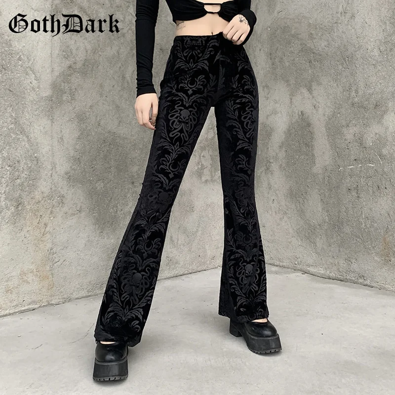 

Goth Dark Vintage Floral Scratched Gothic Pants Velvet High Waist Skinny Flare Trousers For Women Autumn Winter Streetwear 2021