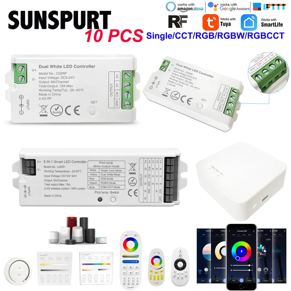 

10PC 5 IN 1 2.4G Controller Light RF WiFi Remote Wireless Dimmer 4 Zone Smart LED Strip 5050 3528 DIM RGBW RGB RGBWW CCT RGB+CCT
