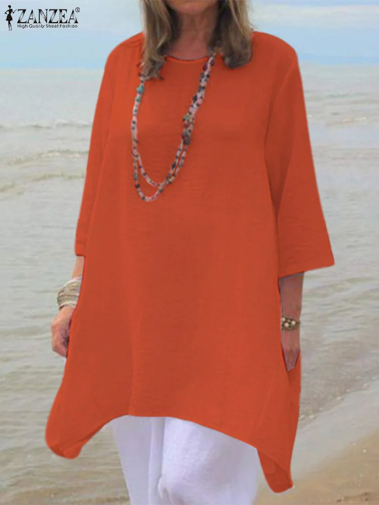 

ZANZEA Holiday Solid Color Shirt Women 3/4 Sleeve Long Tops Casual Loose Crewneck Blouse Fashion Irregular Hem Tunic 2023 Summer