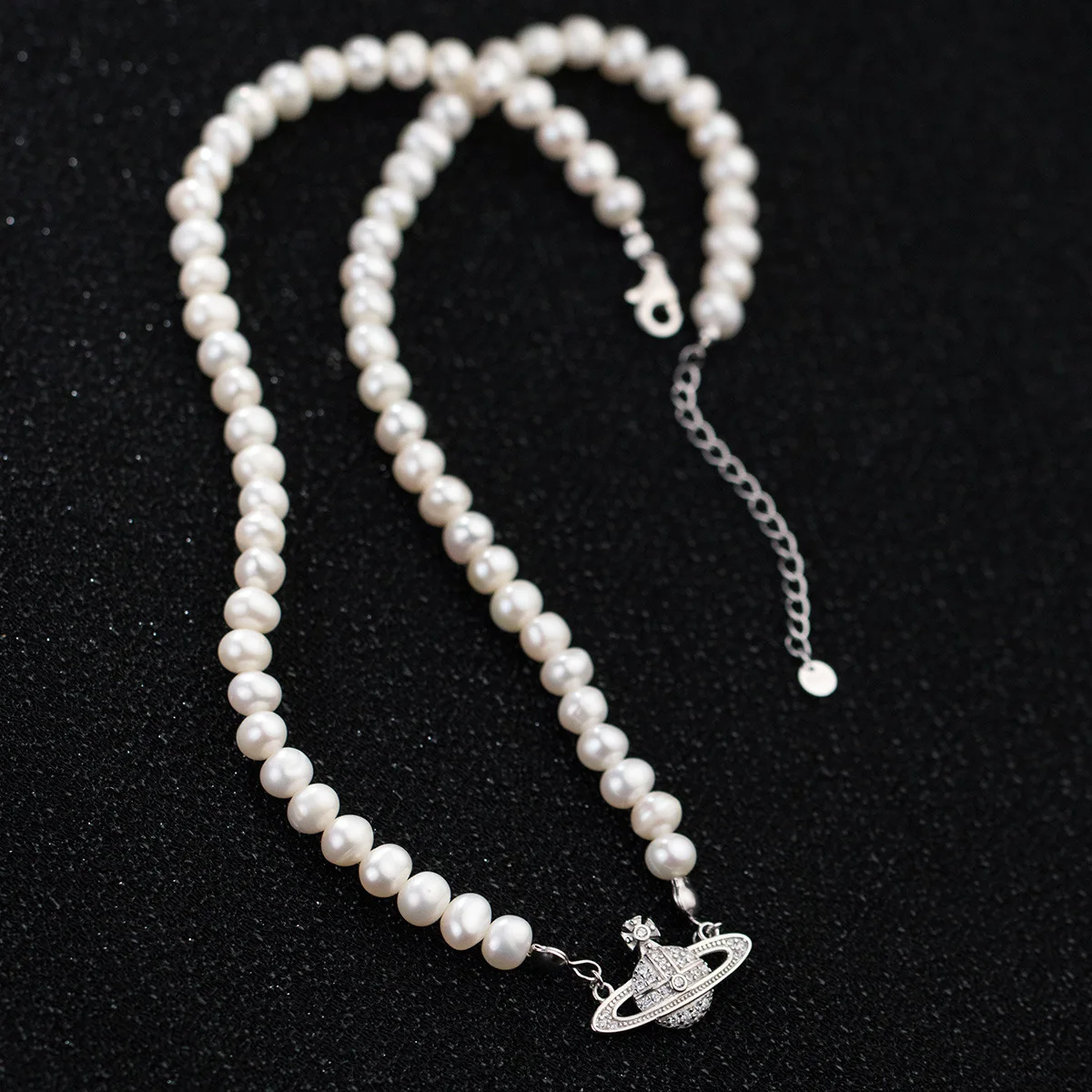 

100% Solid 925 Sterling Silver with Zirconia Planet Pendant Pearl Necklace Vintage Style High Quality Neckwear Women's Jewelry
