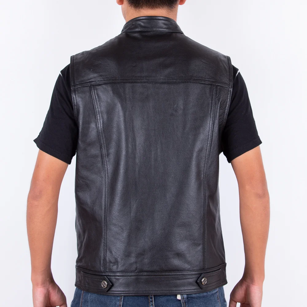 

Men's Motorcycle 2023 Leather Vest Top Layer Cowhide Leather Multiple Badges Multi-Short Slim Fit Pikan