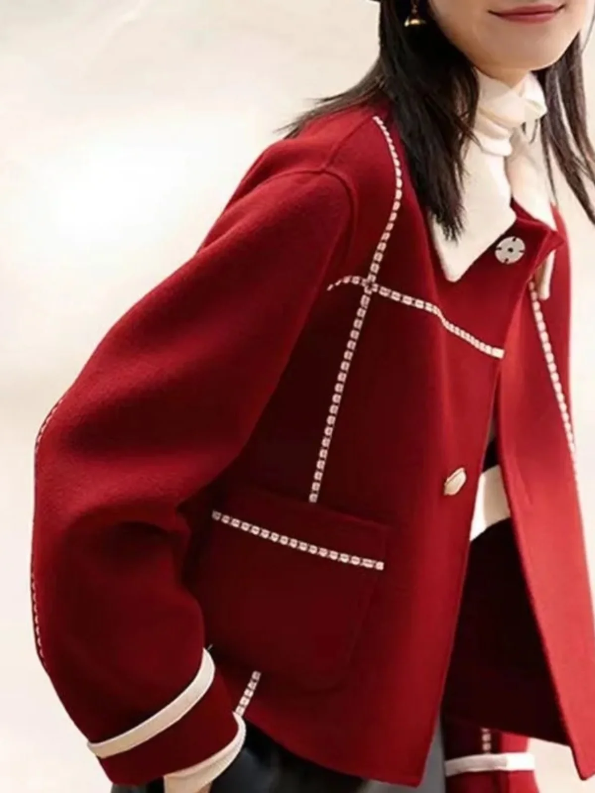 Изящное красное двустороннее кашемировое пальто женское зимнее 2024 новая