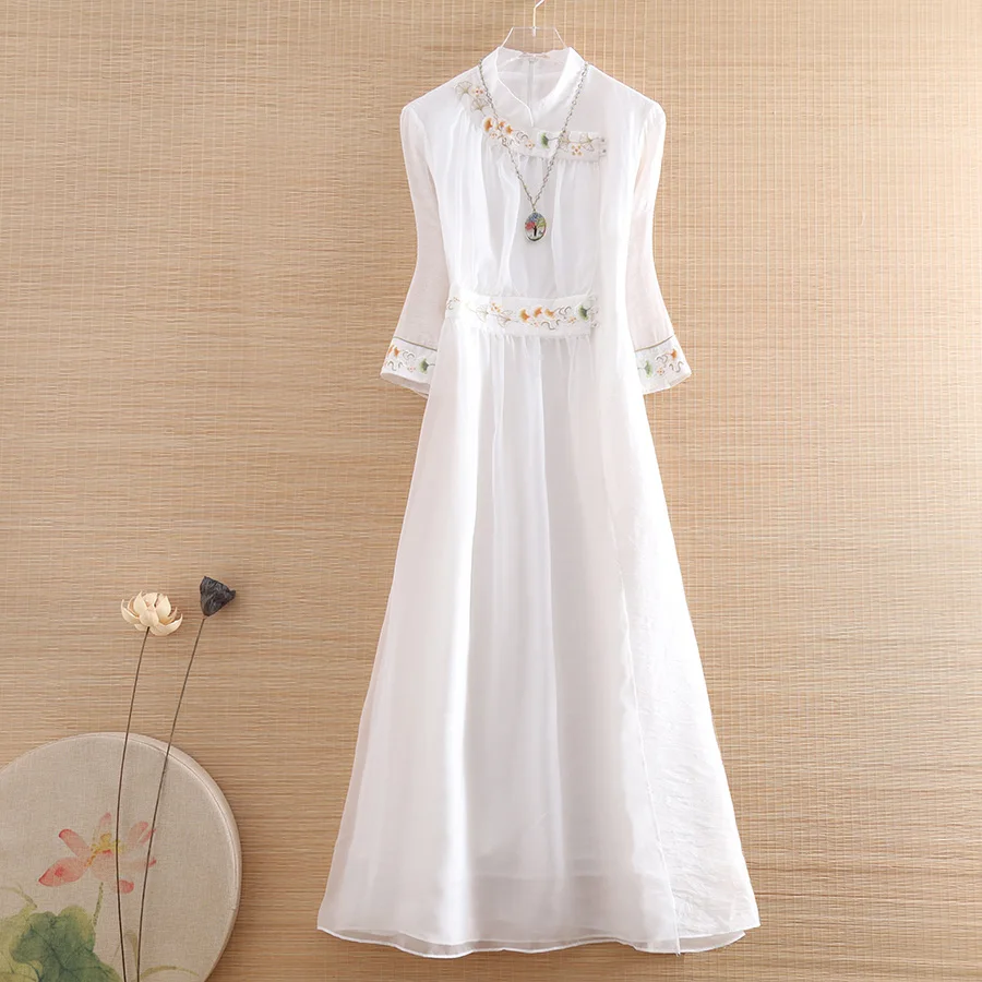 

High-end Spring Summer Women Rayon Dress Retro Elegant Embroidery 3/4 Sleeve A-line Lady Party Hanfu Dress S-XXL