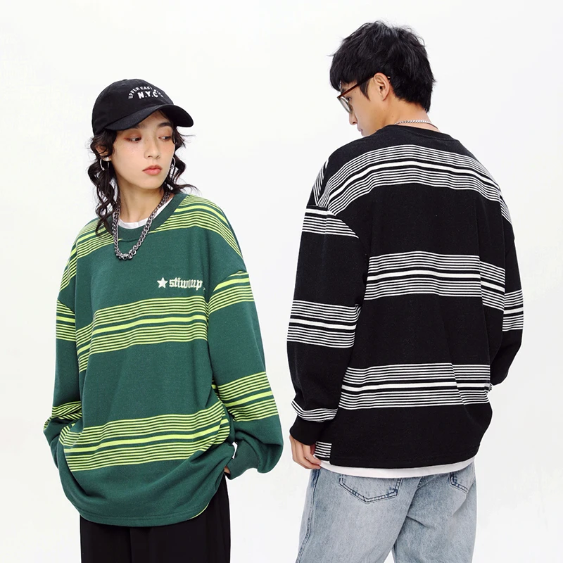 Полосатая толстовка с круглым вырезом и длинными рукавами мужской женский топ