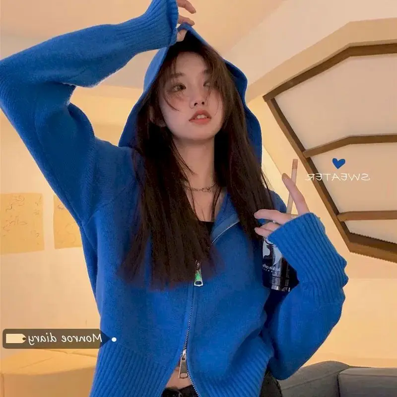 

Women's Hooded Zipper Sweater 2022 Winter Casual Knitted Cardigans Coat High Street Sweaters Women Hoodies Korean Style Jackets