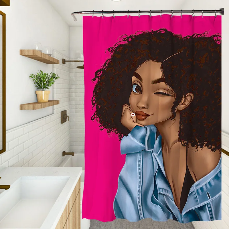 

Black Girl Painting Shower Curtain African American Women Girl Shower Curtains Afro Girls Bath Curtain Bathroom Decor with Hooks