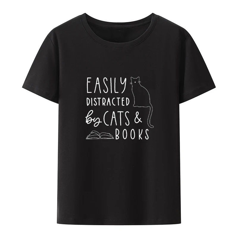 

Easily Distracted Cats And Books Funny Gift For Cat Lovers Cotton T-Shirt Streetwear Breathable Slim Comics Cool De Mujer Pair