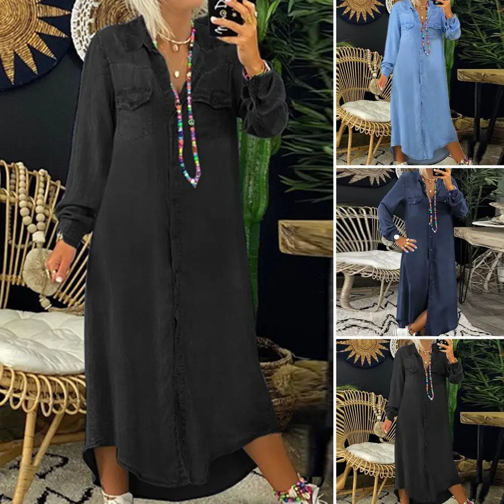 

Plus Size Women Dress Turn-Down Collar Long Sleeves Two Pockets Solid Color Single Breasted Denim Maxi Dress Ladies Clothing