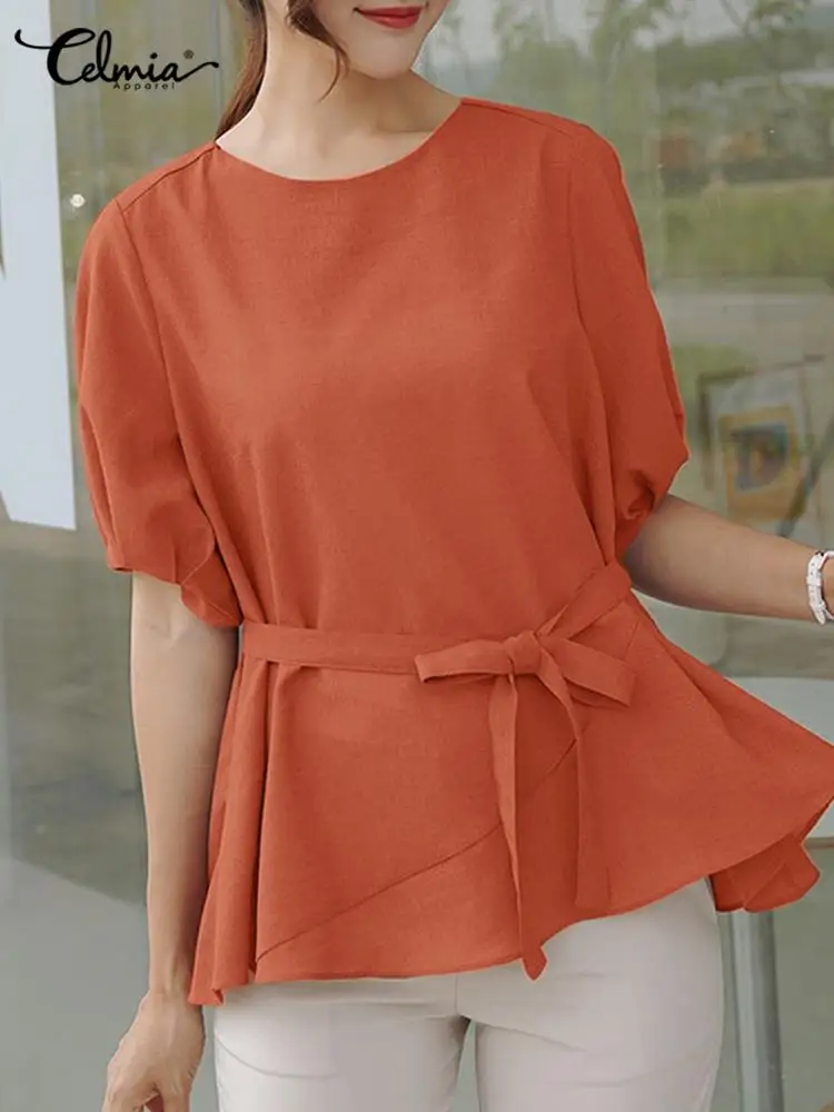

Блузка Celmia женская с поясом, Повседневная Свободная однотонная туника с пышными рукавами, модный топ с плиссированными манжетами и круглым ...