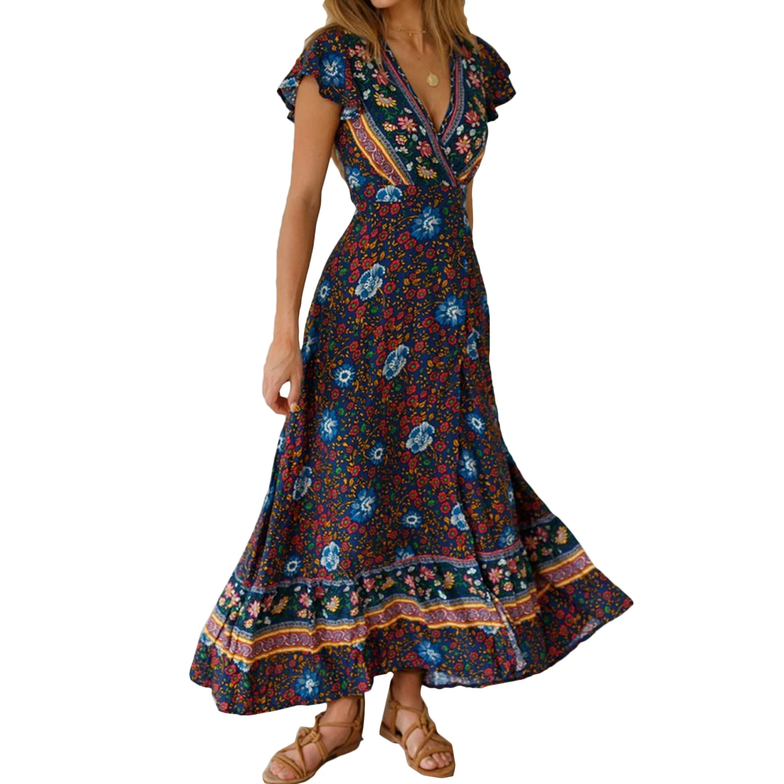 

Summer Long Dress Large Swing Printed Boho Waist Slit Maxi Dress European Fashion Casual V-Neck Bohemian for Weekend Vacation