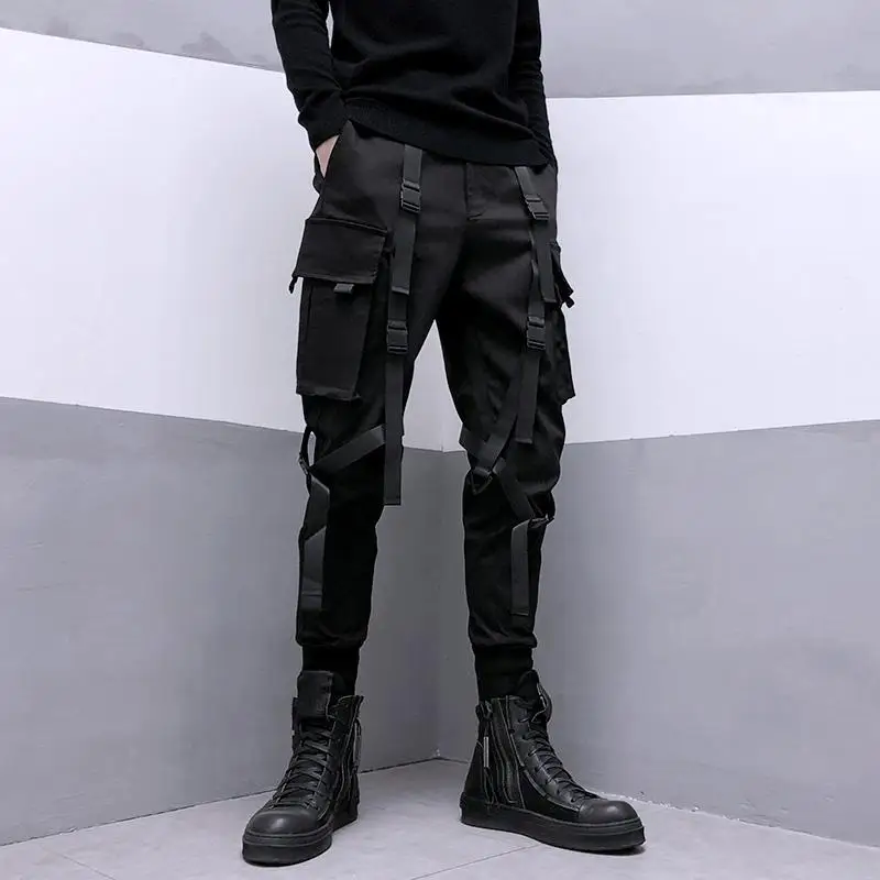 

Techwear Black Cargo Pants for Men Cargo Trousers Male Japanese Streetwear Hip Hop Spring Ribbon Pocket Harajuku Fashion