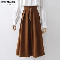 spring autumn 2022 new vintage clothes retro midi female khaki black midi a line high waist elastic big skirts for women