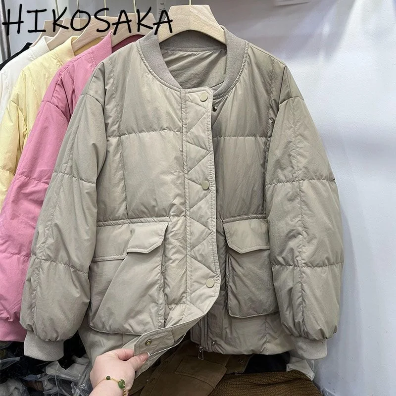 

Stand Collar Pink Cotton Padded Coat Women Big Pockets Thicken Warm Cropped Jackets 2023 Fall Winter Loose Casual Parkas Female