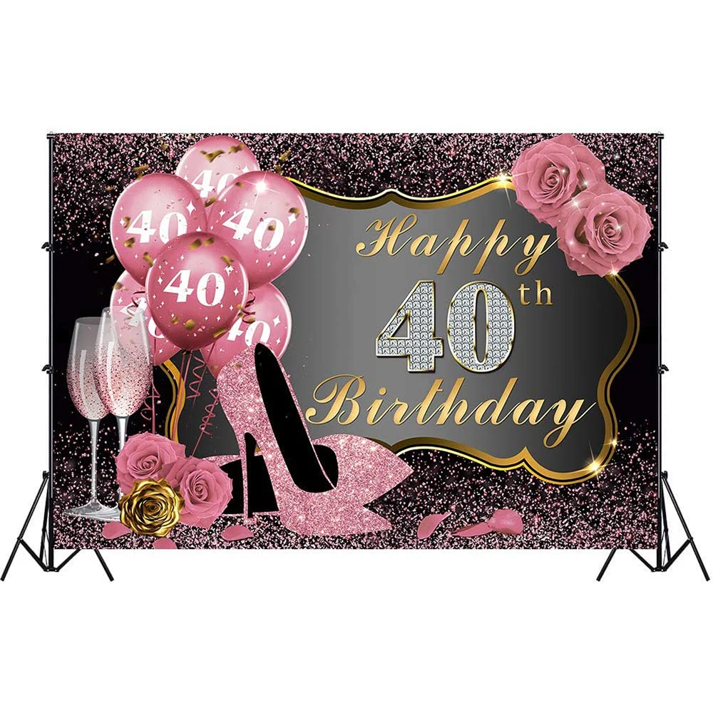 

Happy Birthday Backdrops Party Banner Pink Gold for Girl Woman 21th 30th 40th 50th Photography Diamond High Heel Rose Flowers