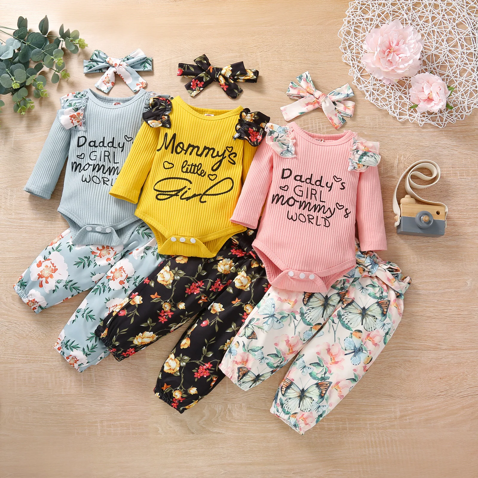 

Baby Girl Clothes Newborn Clothing Sets Children Letter Ruffle Bodysuit + Floral Bow Pants 2pcs Set Infant Spring Casual Outfits