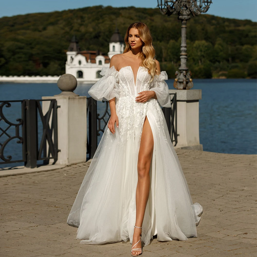 

Short Flare Sleeve Slit Wedding Dresses for Women 2023 Bride V-neck Boho Beading Tulle Appliques Custom Made Vestidos De Novia