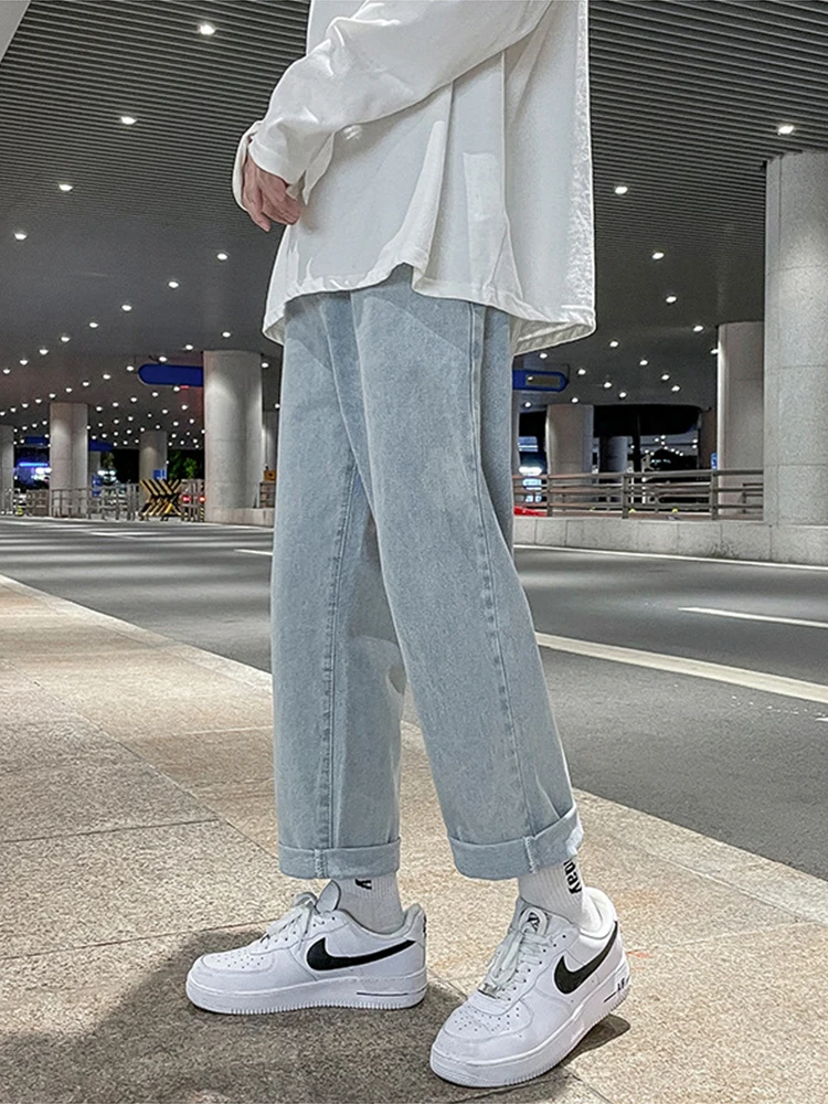 Korean Fashion Men's Baggy Jeans Classic All-match Solid Color Straight-leg Denim Streetwear Wide-leg Pants Male Brand Trousers