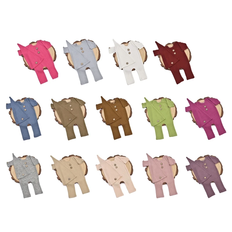 

2Pcs/Set Newborn Baby Romper Jumpsuit with Long Tail Hat Multi Solid Color Buttons Infant Overalls Photo Photography Prop