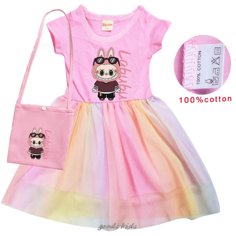Newest Labubu Costume Kids Summer Short Sleeve Pretty Dress And Bag Baby Girls Dresses Children Vistidos Toddler Best Gift 1~7Y