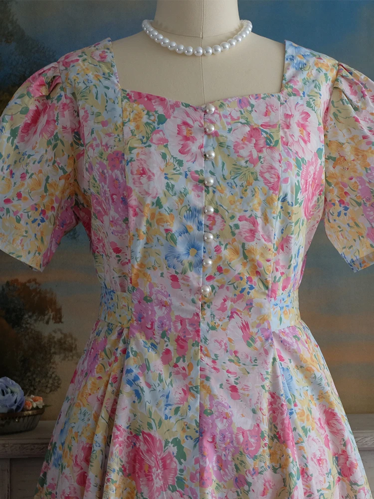 Spring Summer Women Loose Plus Size Vintage Style 70s Elegant Lady Romantic Pink Floral Print Handmade Cotton Dresses
