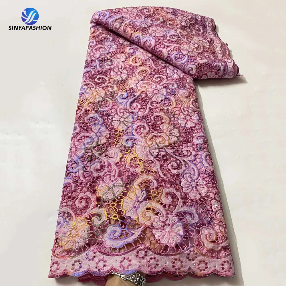 

New Popular African Guipure Lace Fabric High Quality Laser Chiffon Bronzing Nigerian Cord Lace Fabric With Stones 5 Yards 28744