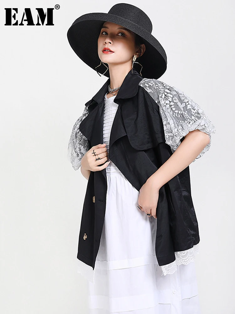 

[EAM] Loose Fit Black Mesh Dot Big Size Jacket New Lapel Half Puff Sleeve Women Coat Fashion Tide Spring Summer 2022 1X932