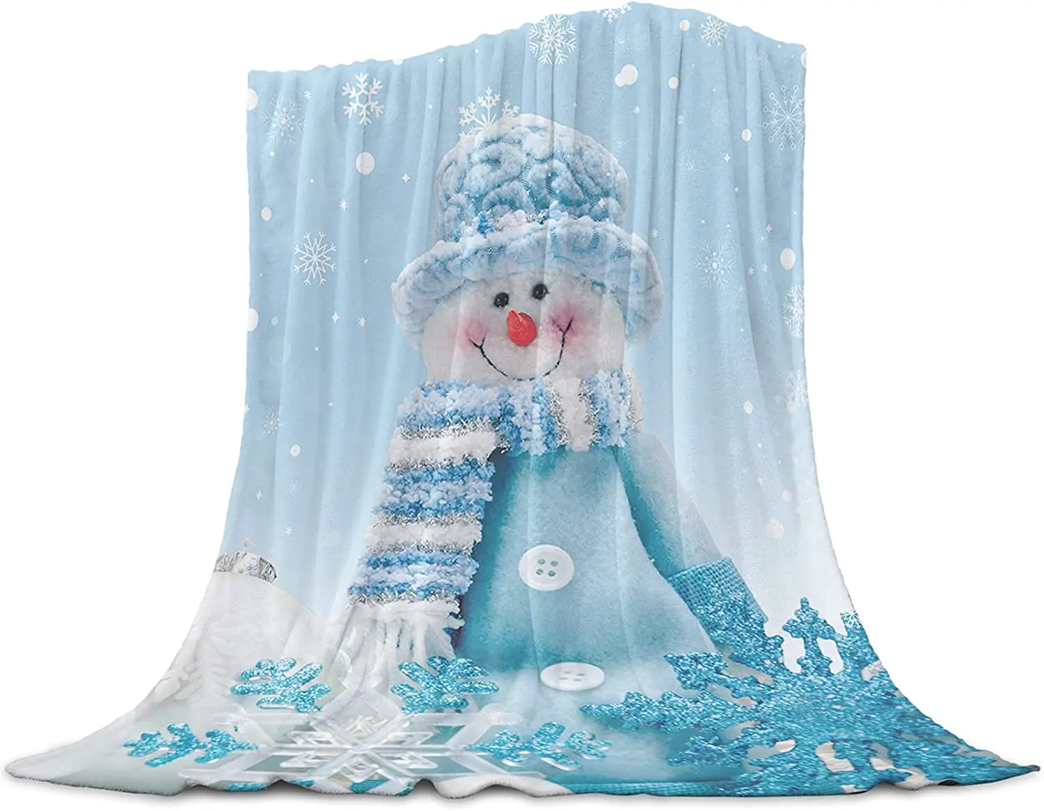 

Flannel Blanket Soft Fleece Throw Blankets Merry Christmas Cute Blue Snowman and Snowflake Winter Cozy Warm All Season Blankets