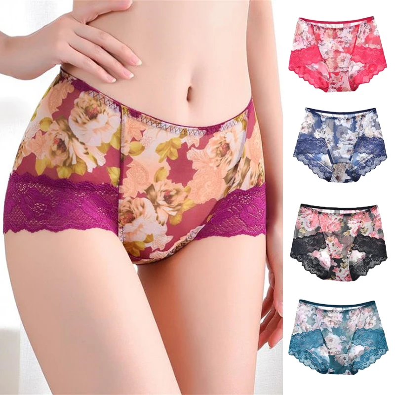 Купи Plus Size Mesh Lace Underwear Floral Printed Pattern Panties for Women Ladies G String Thong Sexy Seamless Briefs Underpants за 190 рублей в магазине AliExpress