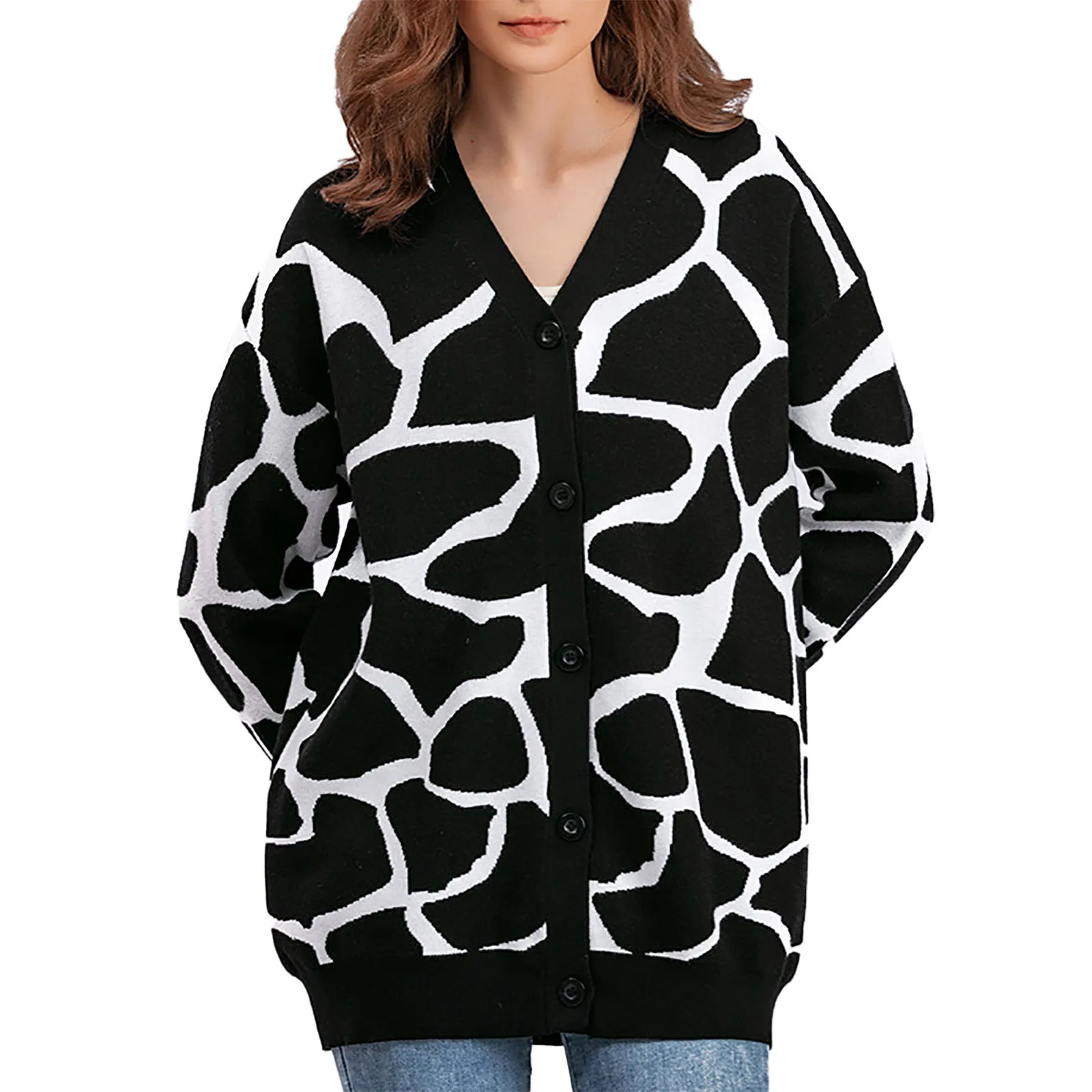 

Women's V Neck Longline Loose Fit Sweater With Line Pattern Sweatshirt Light